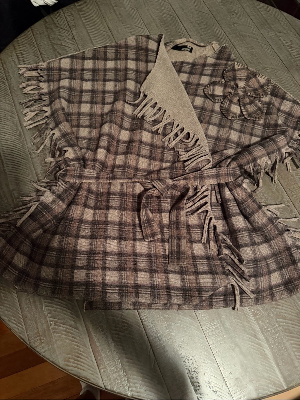 Moschino Brown and Cream Plaid Fringe Wool-Blend Poncho